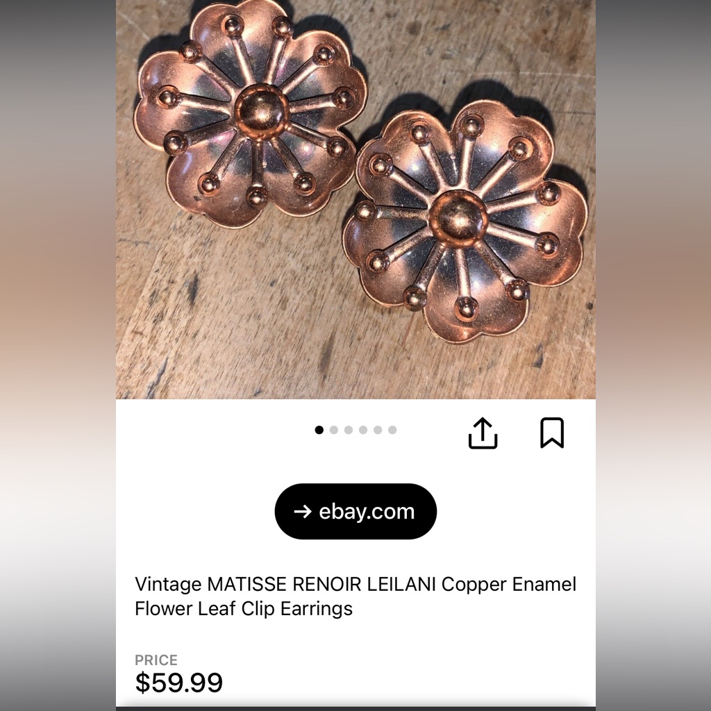 Vintage Signed Matisse Renoir Leilani Copper Enamel Clip Earrings 24$